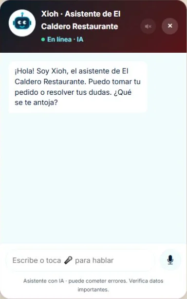 Panel real del asistente XIOH de El Caldero con modo pedido activo