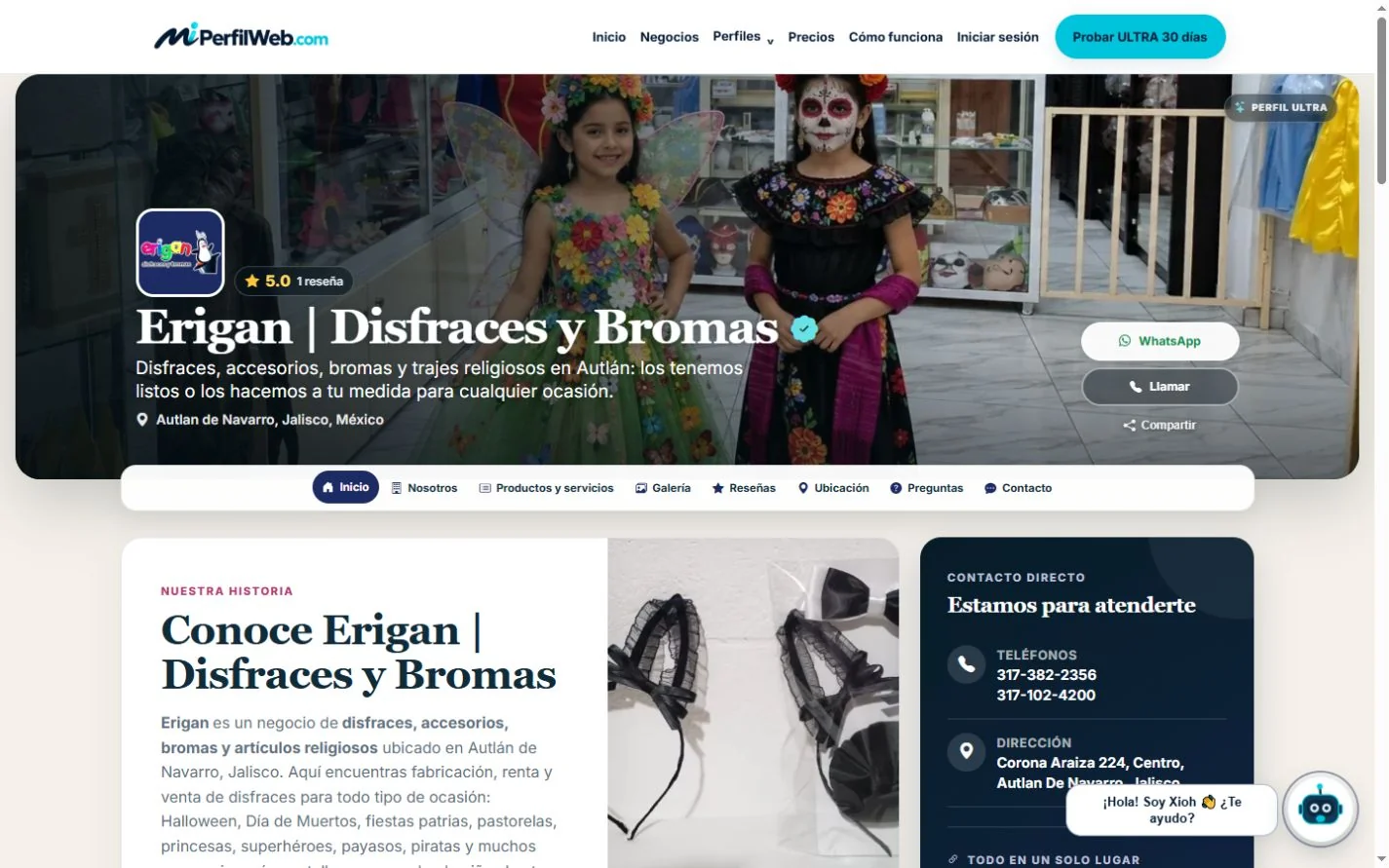 Pantalla inicial real de Erigan en escritorio: navegación, portada e información