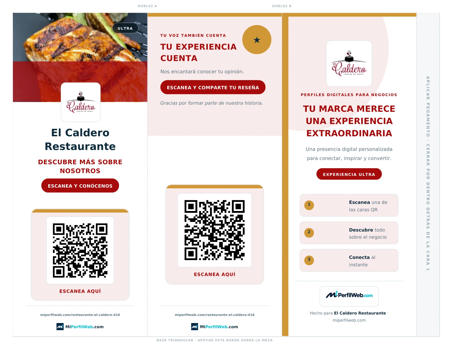 PDF auténtico de El Caldero extendido: portada, logo, dos QR y guías de doblez