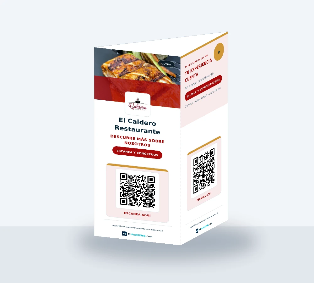 Representación del exhibidor triangular sobre un mostrador, con el arte del mismo PDF